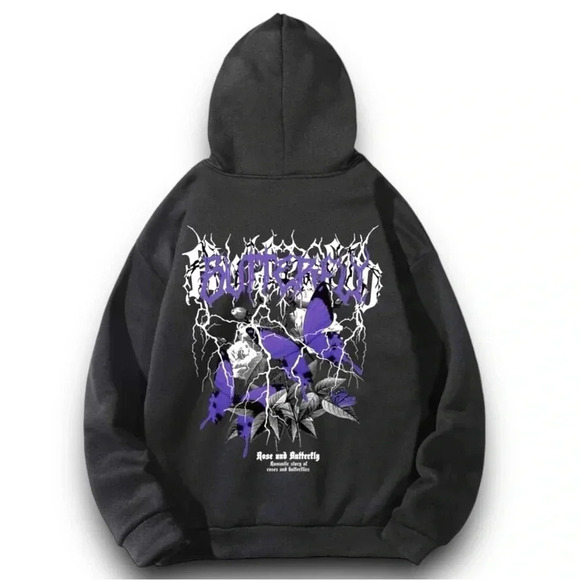 ROMWE Grunge Punk Roses & Butterfly Drawstring Hoodie with Kangaroo Pocket Sz SM - Picture 1 of 12